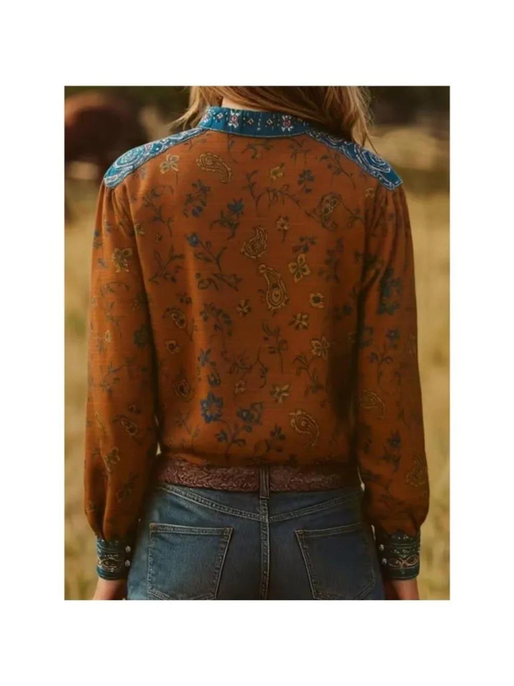 Printed Notched Long Sleeve Blouse